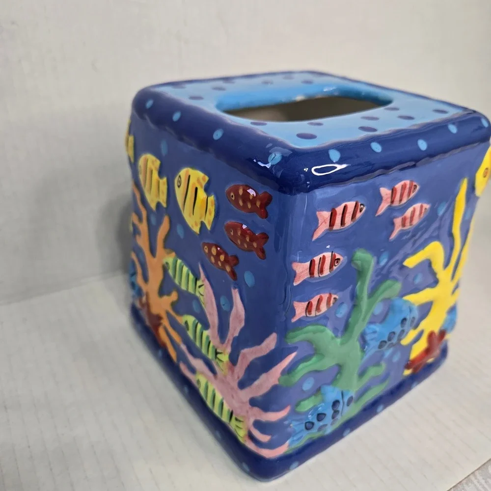 Cathie Raney Ceramic Tissue Box Cover 3D Tropical Fish Ocean Coral Reef Blue